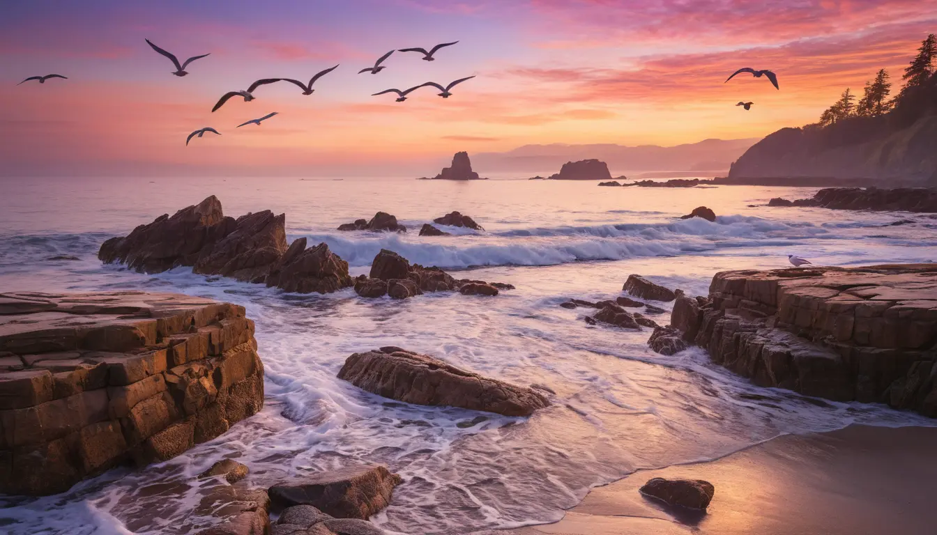 Rocky shoreline at dawn with seagulls over calm waves