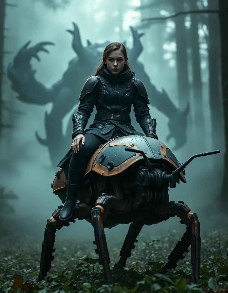Woman riding beetle like machine in mystical foggy forest