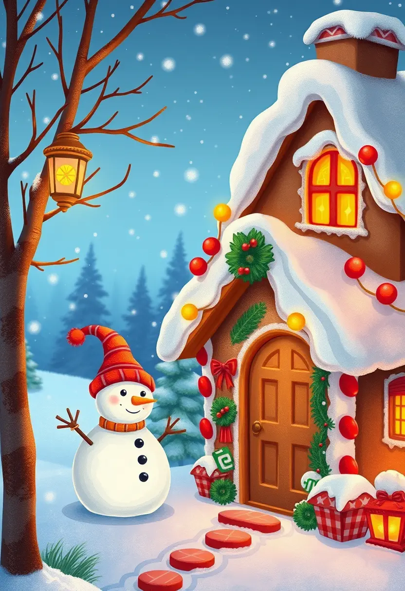 Cute Gingerbread House With Snowman In Winter Illustration