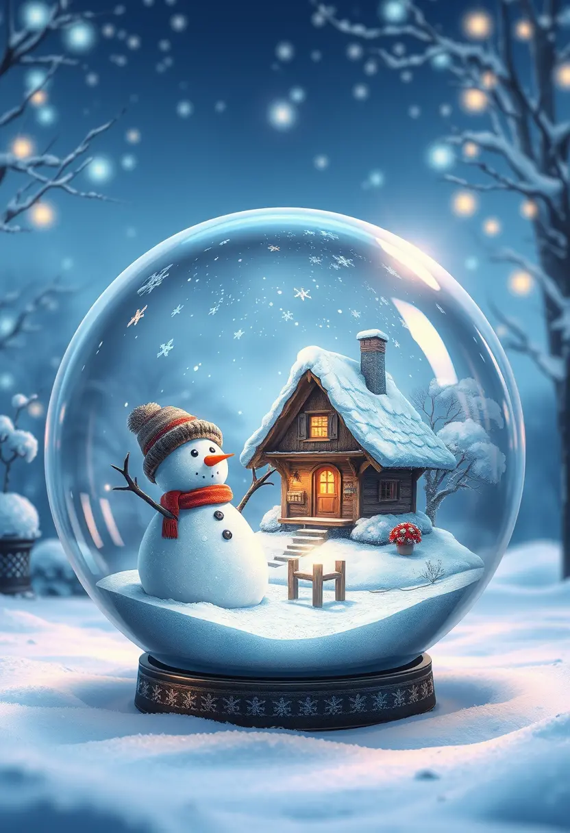 冬日小屋雪人水晶球動漫插畫