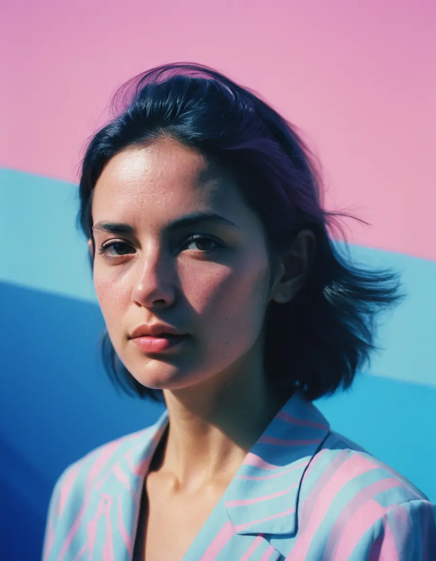 Surreal portrait of a woman in pink and blue tones