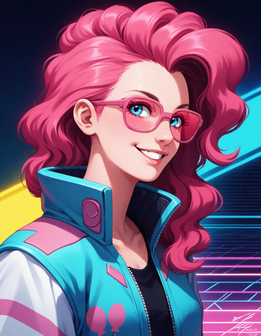 Pink Haired Anime Girl With Glasses In Vaporwave Style