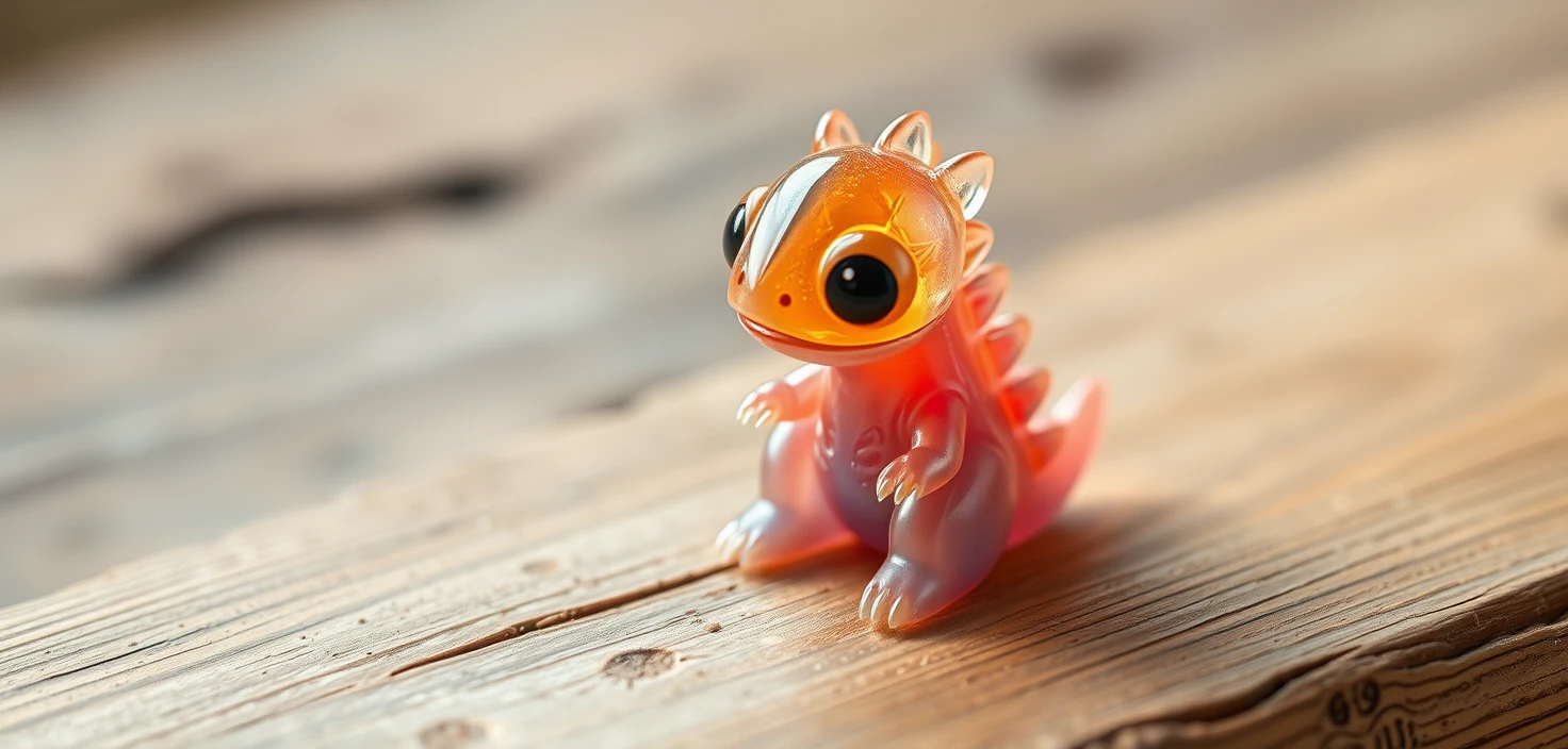 木のテーブルの上のかわいいエイリアン水滴モンスターのジオラマ
