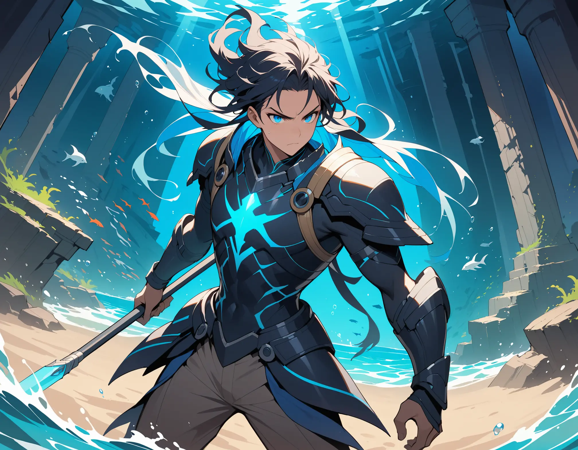 Aquatic warrior boy with glowing spear in underwater ruins