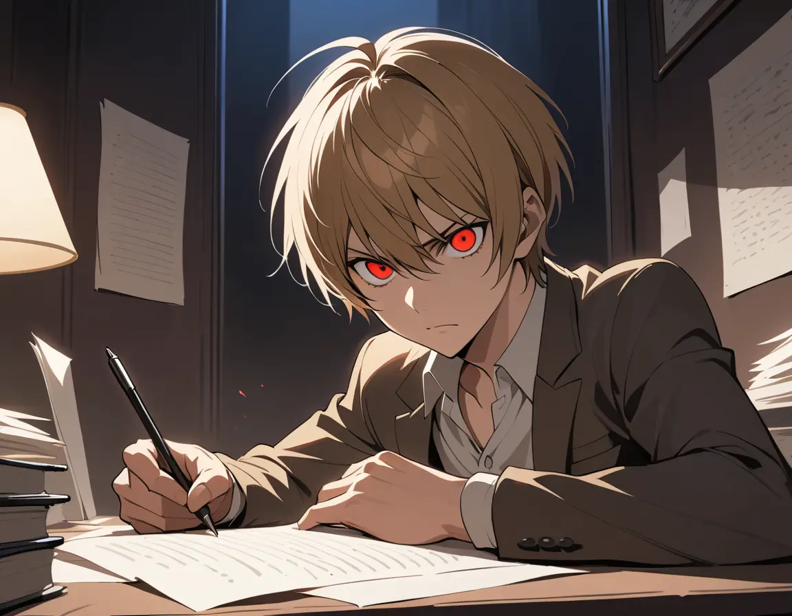 Anime boy writing at desk in dimly lit room