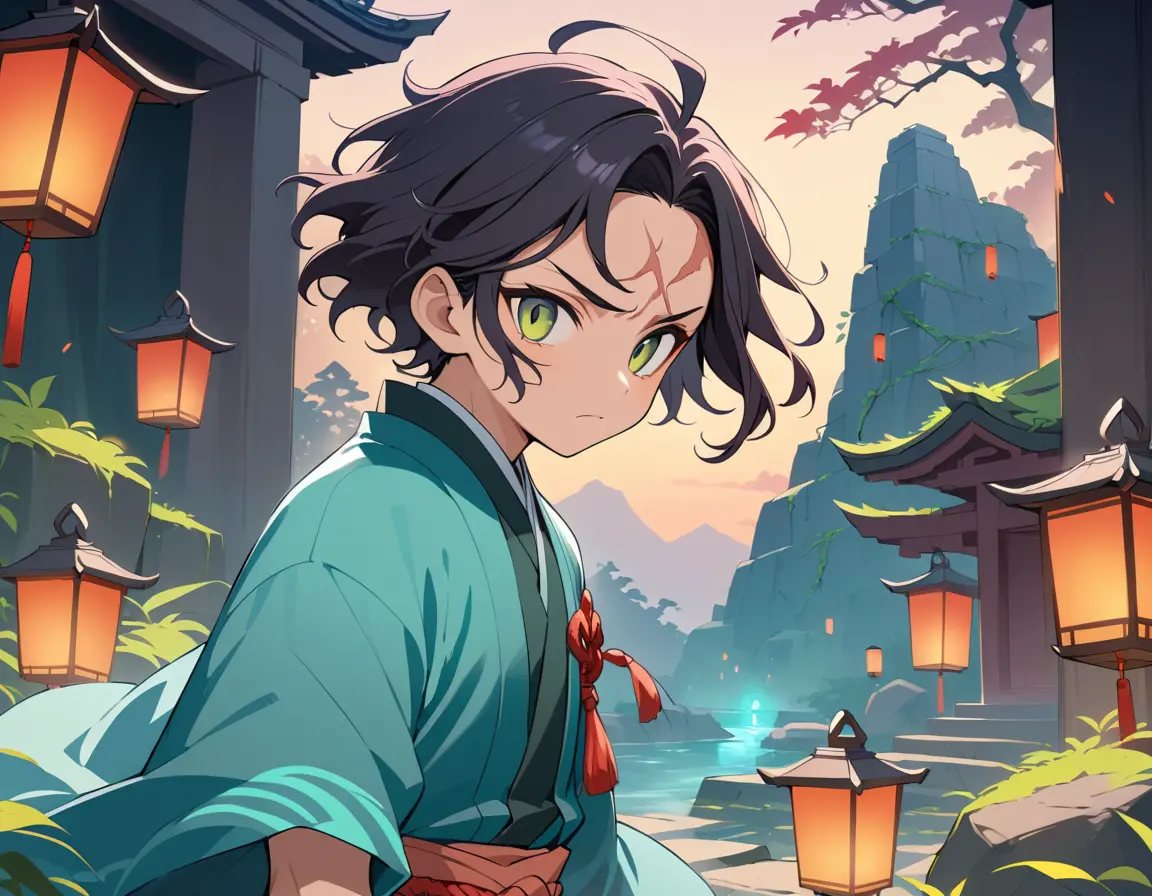Anime boy with sword in mystical ancient temple ruins
