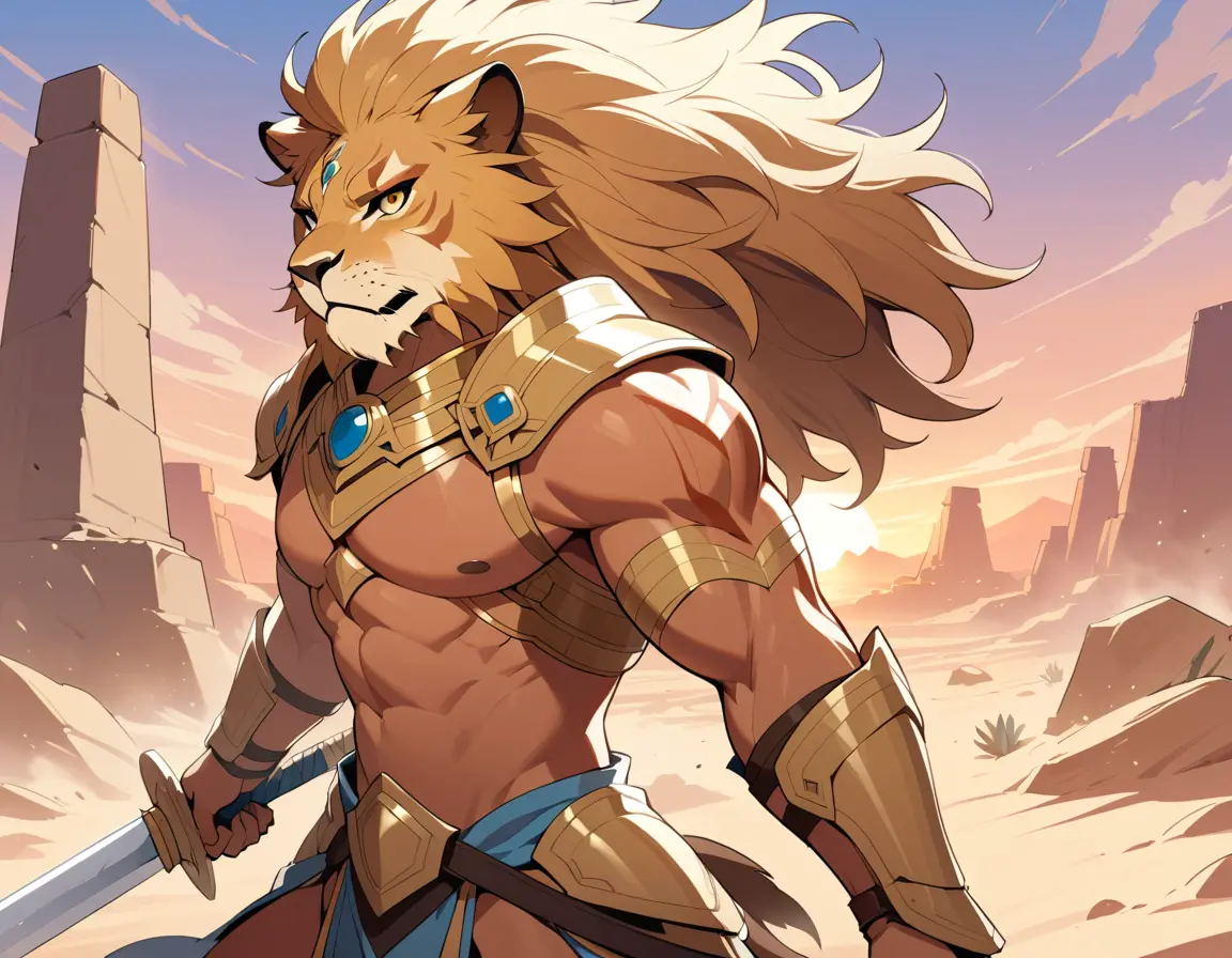 Anthro lion warrior in desert ruins at sunset