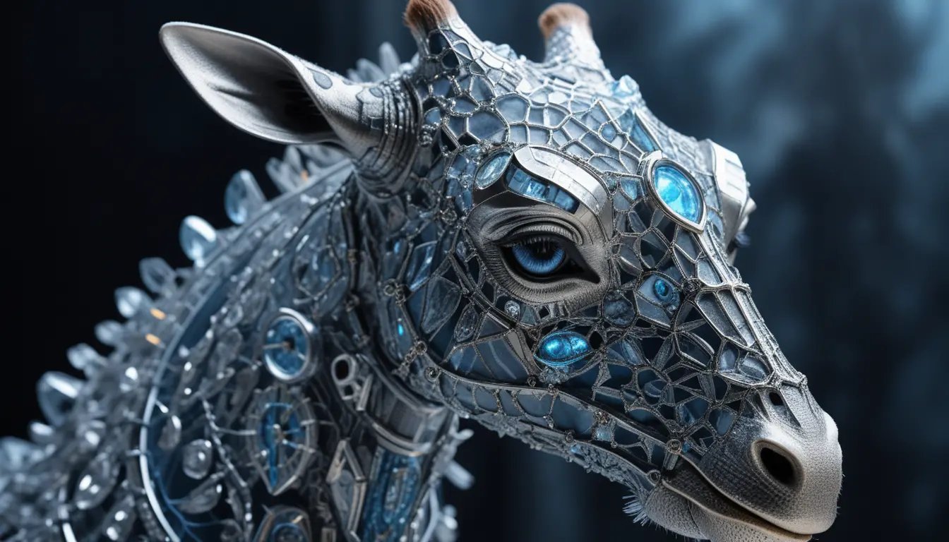 Armored frosty giraffe with glowing blue mechanical details