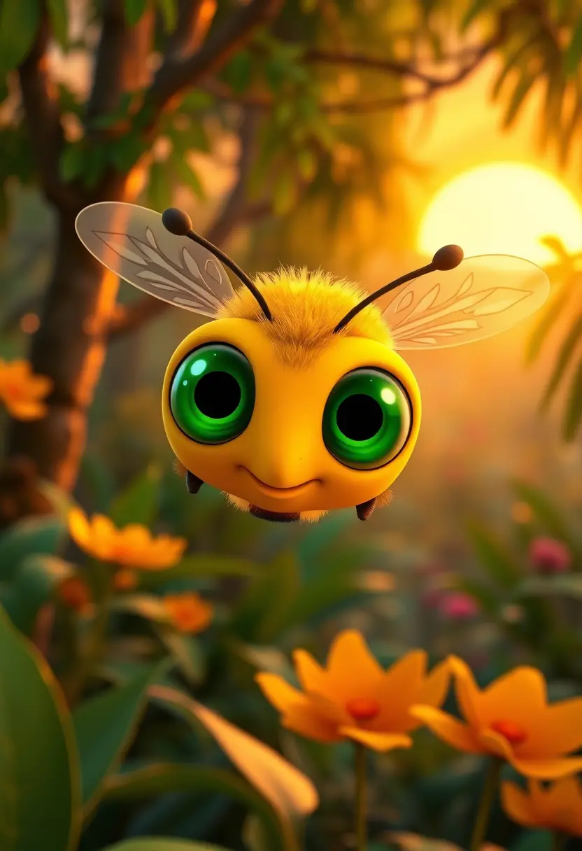 Cute yellow bee in a colorful sunset jungle scene