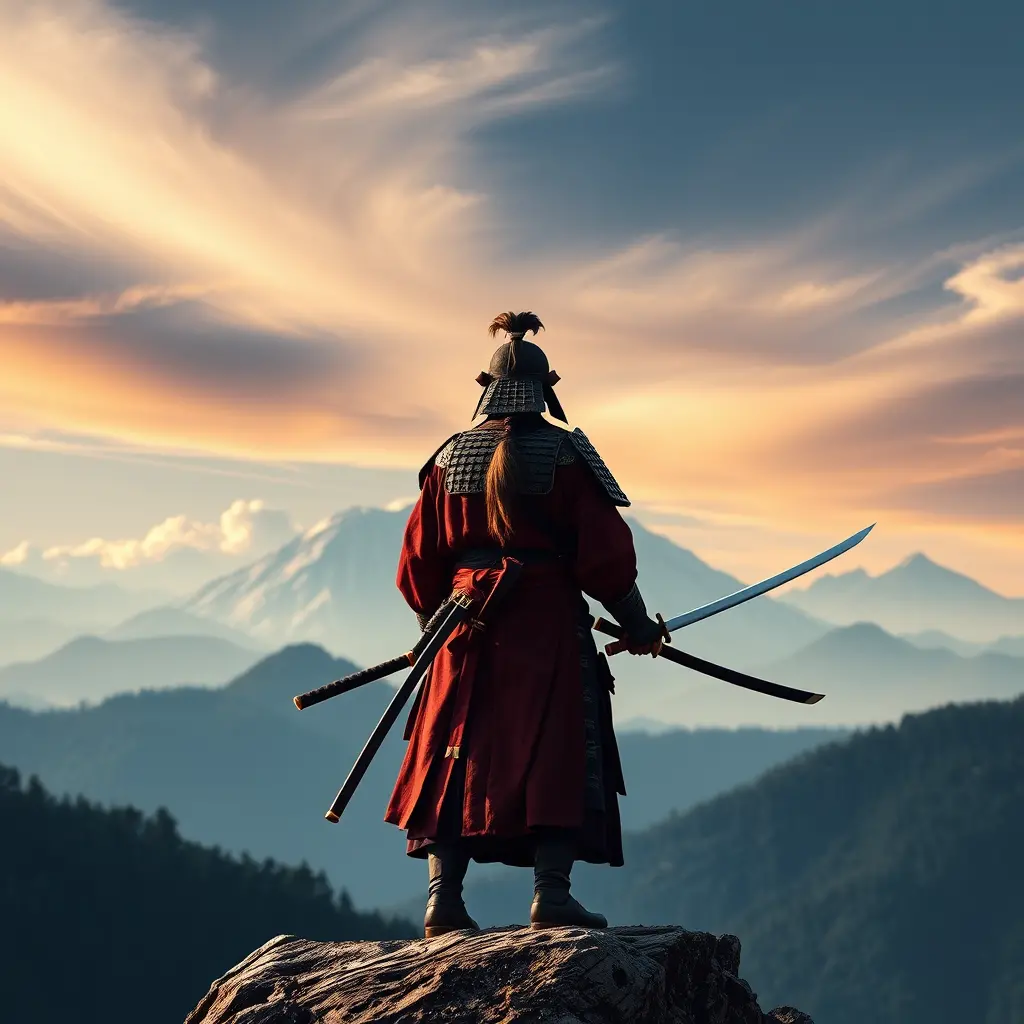 Samurai With Katana Standing On Mountain Ridge