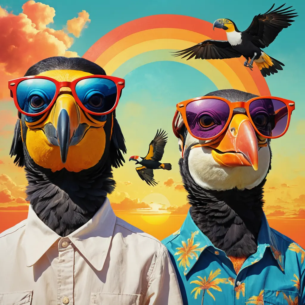 Man With Two Tropical Birds In Retro Collage Art