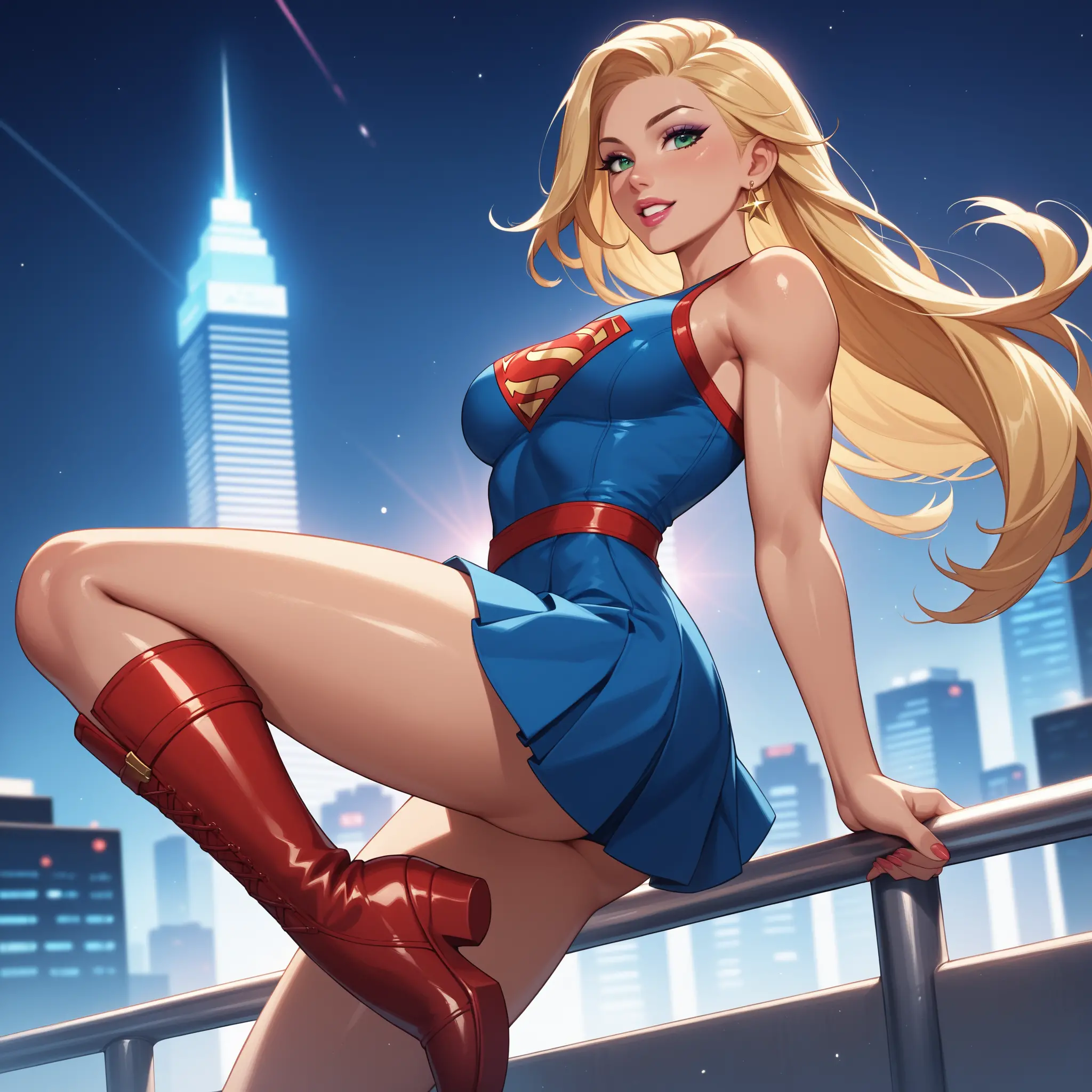 Superhero woman flying above the New York City skyline