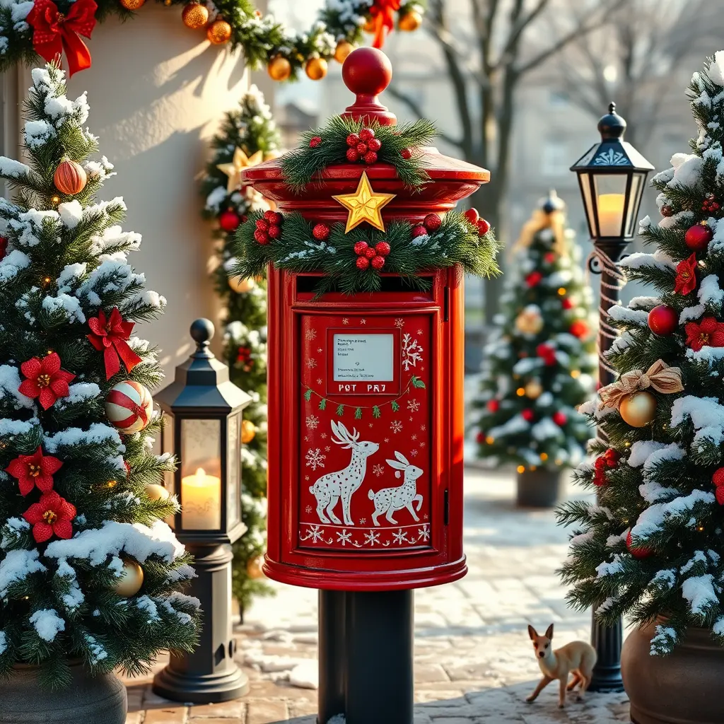 Red Christmas Mailbox With Trees And Lanterns Outdoors