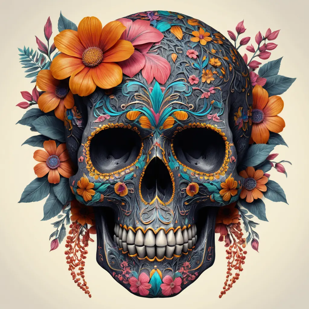 Colorful floral skull illustration with intricate decorative patterns