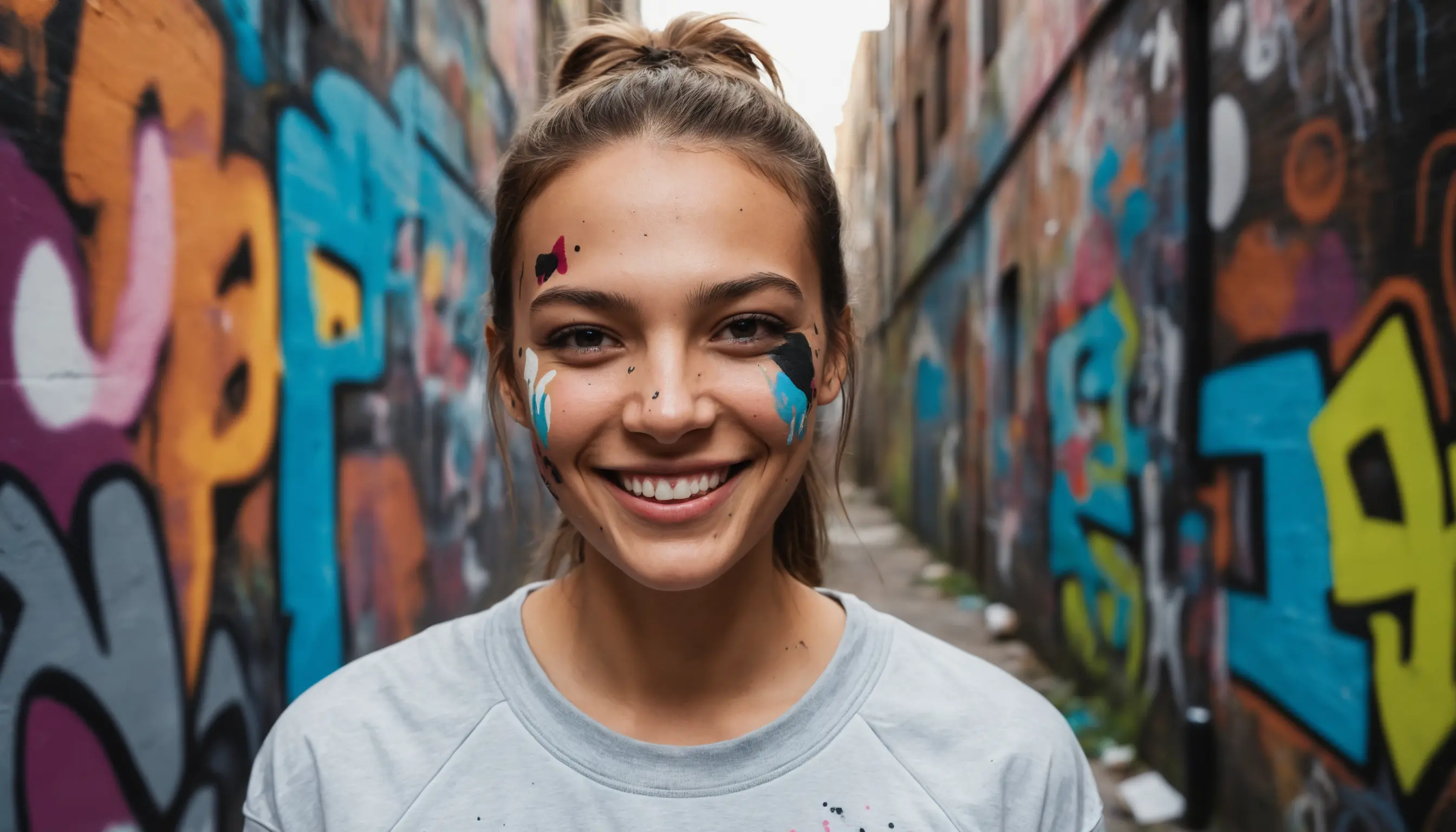 Smiling woman in sportswear standing in colorful graffiti alley