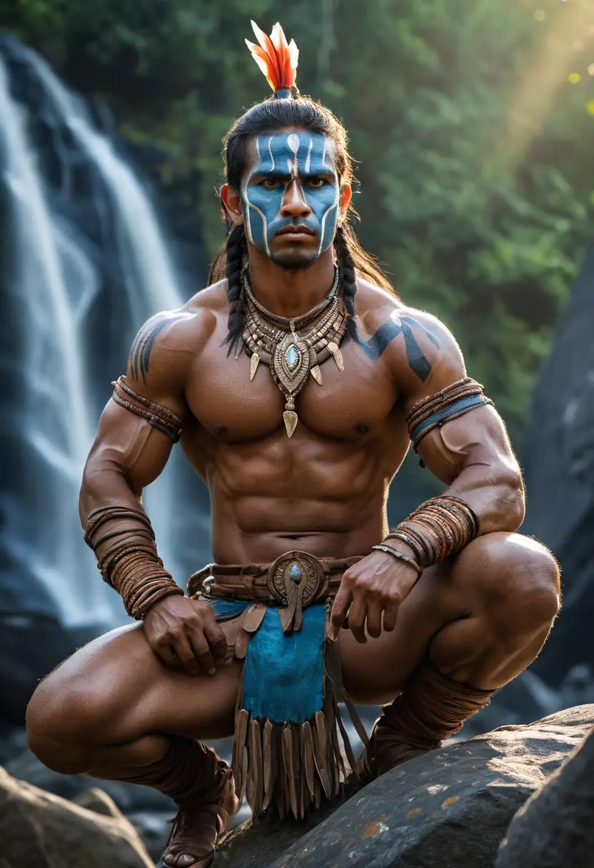 Amazon warrior woman by a waterfall in golden light