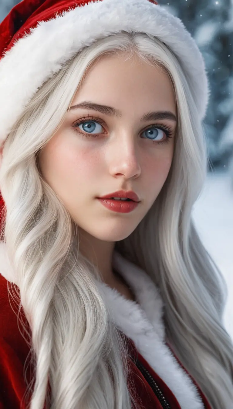 Young white haired girl walking alone through the snow