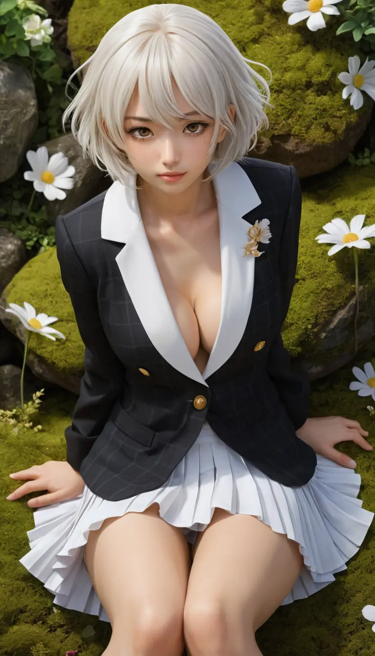 Embarrassed anime woman on moss bed lifting her skirt