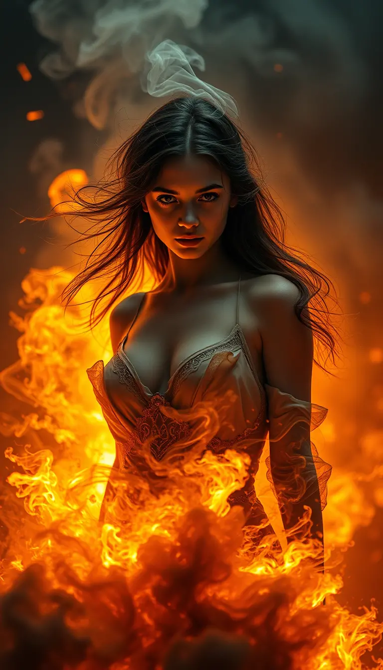 Woman rising from swirling smoke and blazing fire