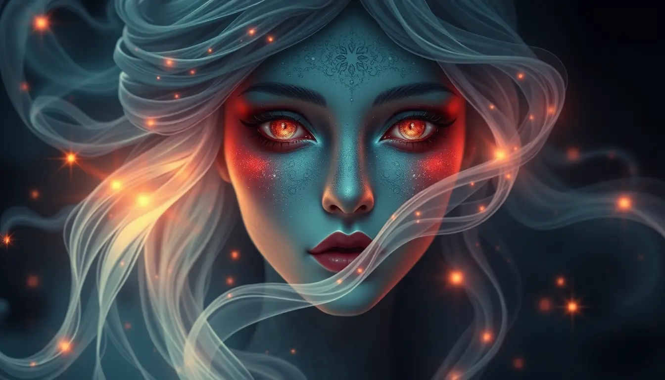 Ethereal Female Face With Glowing Forms In Darkness