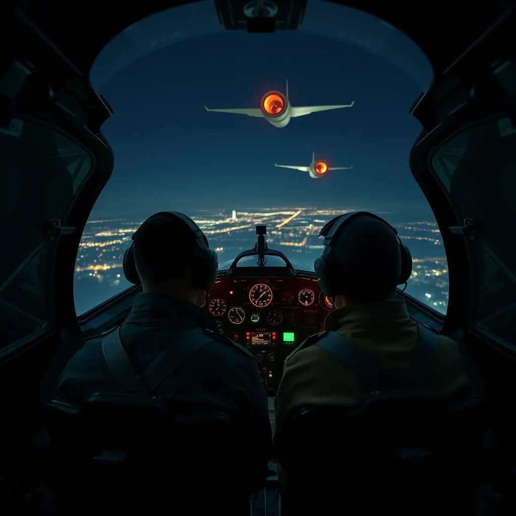 Night fighter cockpit view over distant city lights