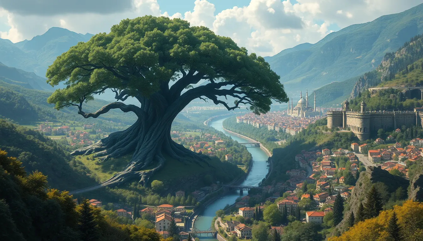 Vast tree sheltering a fantasy valley city with river