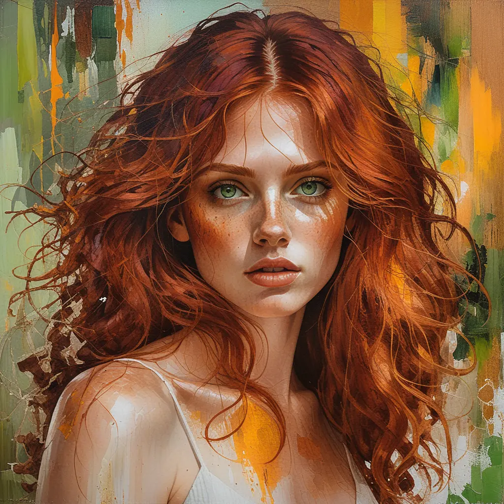 Red haired woman portrait with expressive green eyes