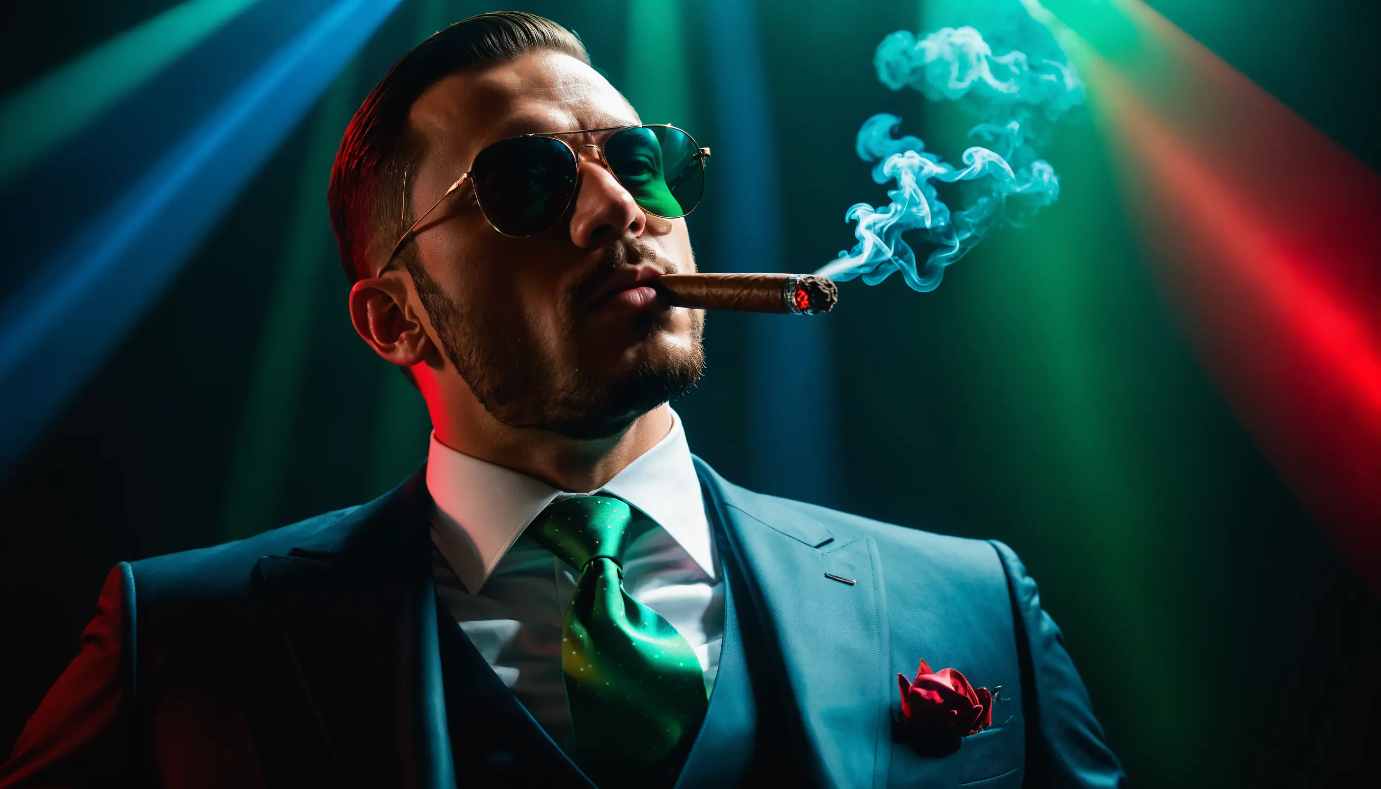 Well dressed man smoking a cigar in colorful light