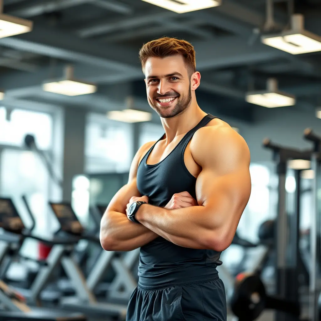 Confident fitness trainer standing in a modern gym studio