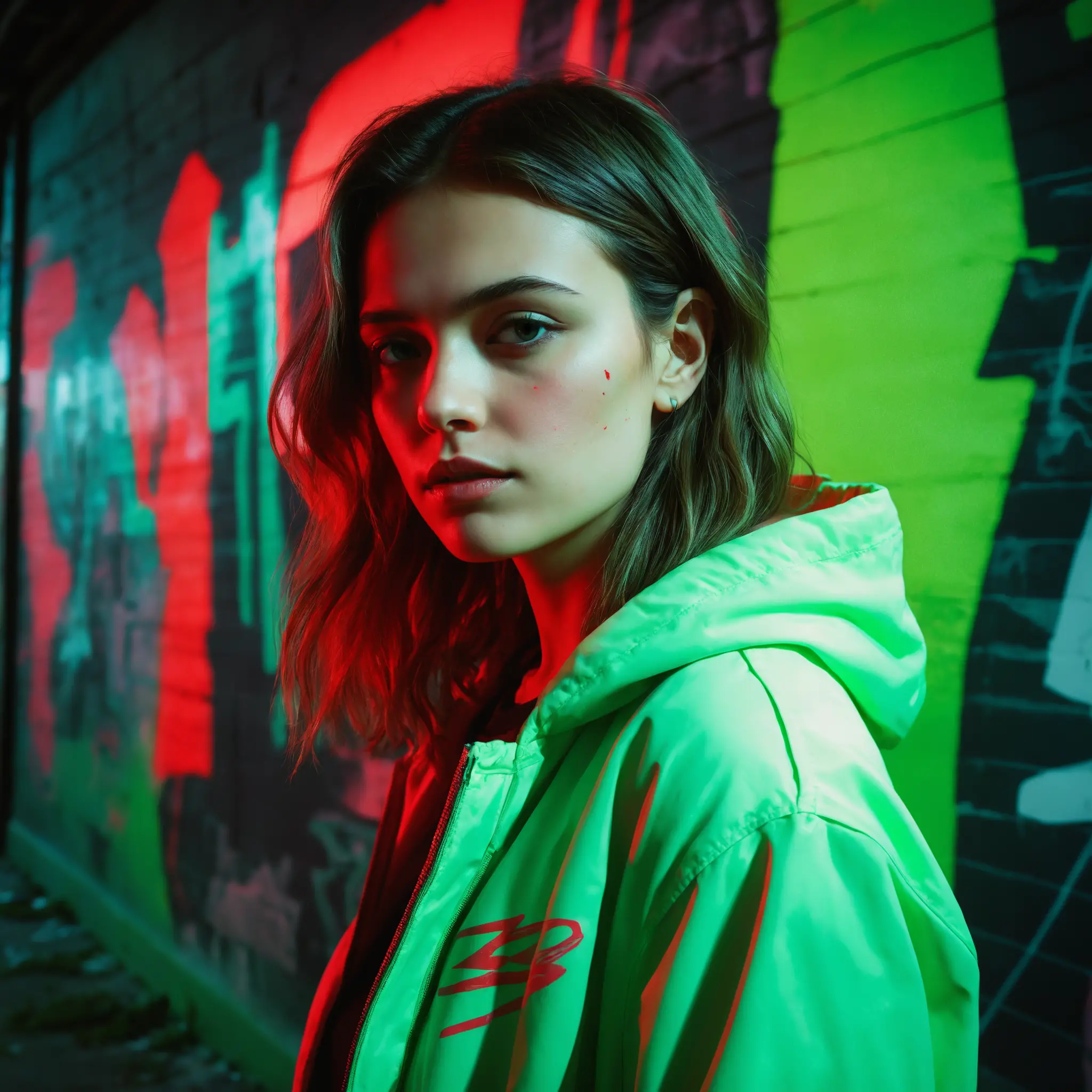 Woman portrait with neon graffiti and digital glitch effects