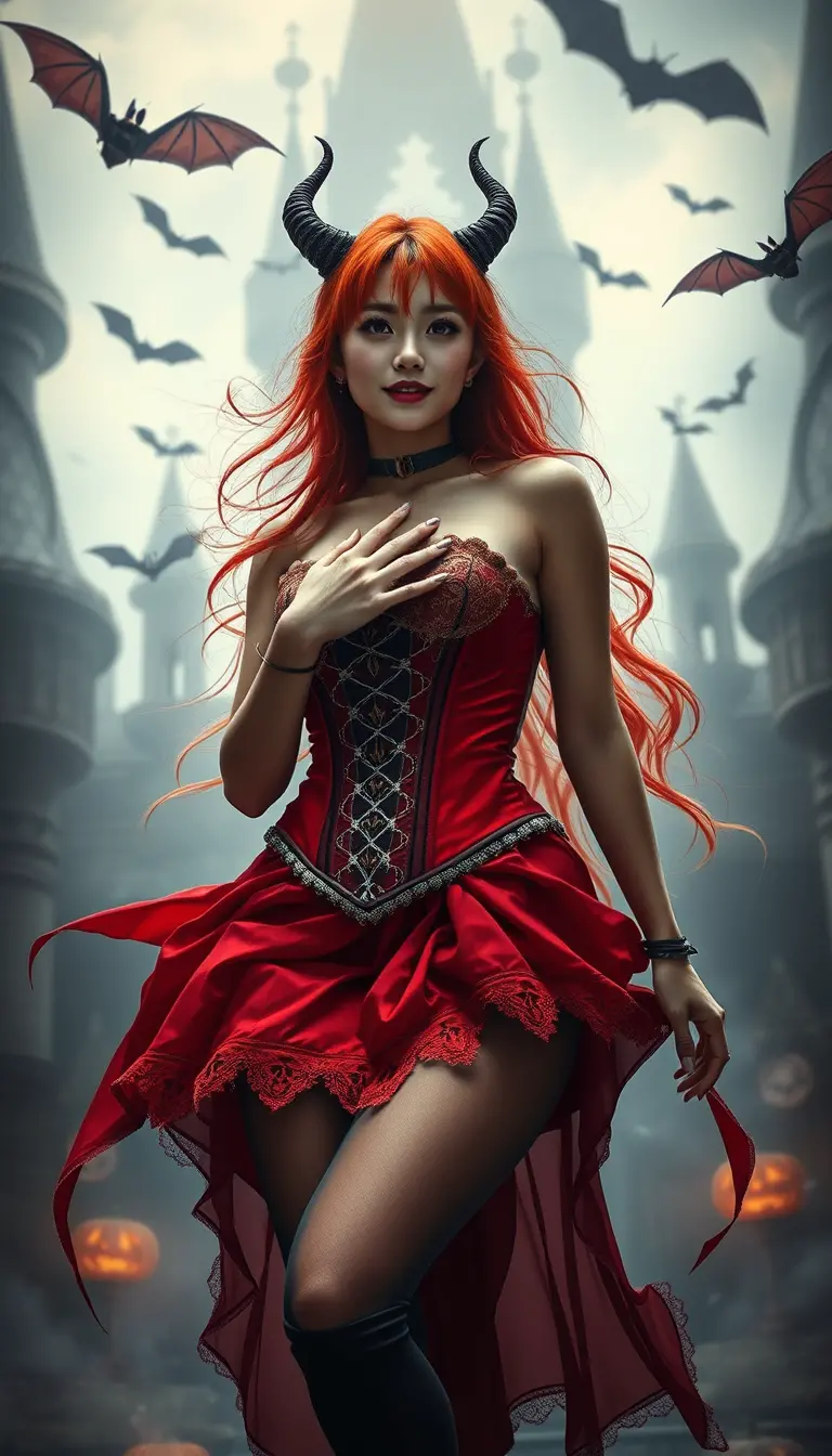 Red haired Japanese beauty flying above a haunted castle