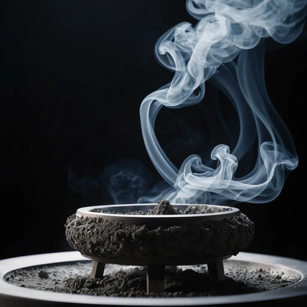 Mystical ashtray with glowing smoke in dark background