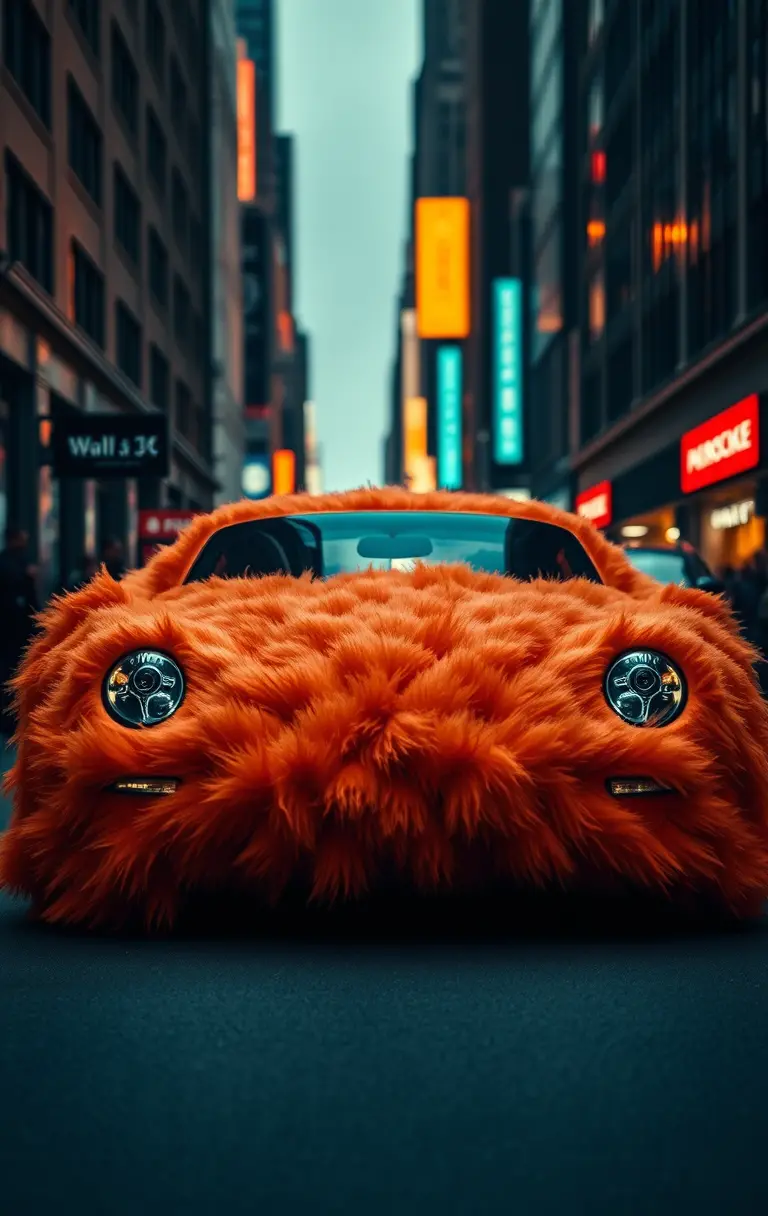 Surreal Porsche wrapped in orange fluff on city street