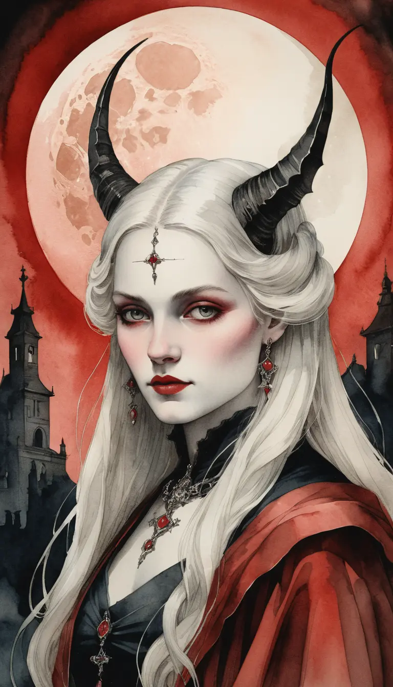 Victorian watercolor of horned sorceress before red moon