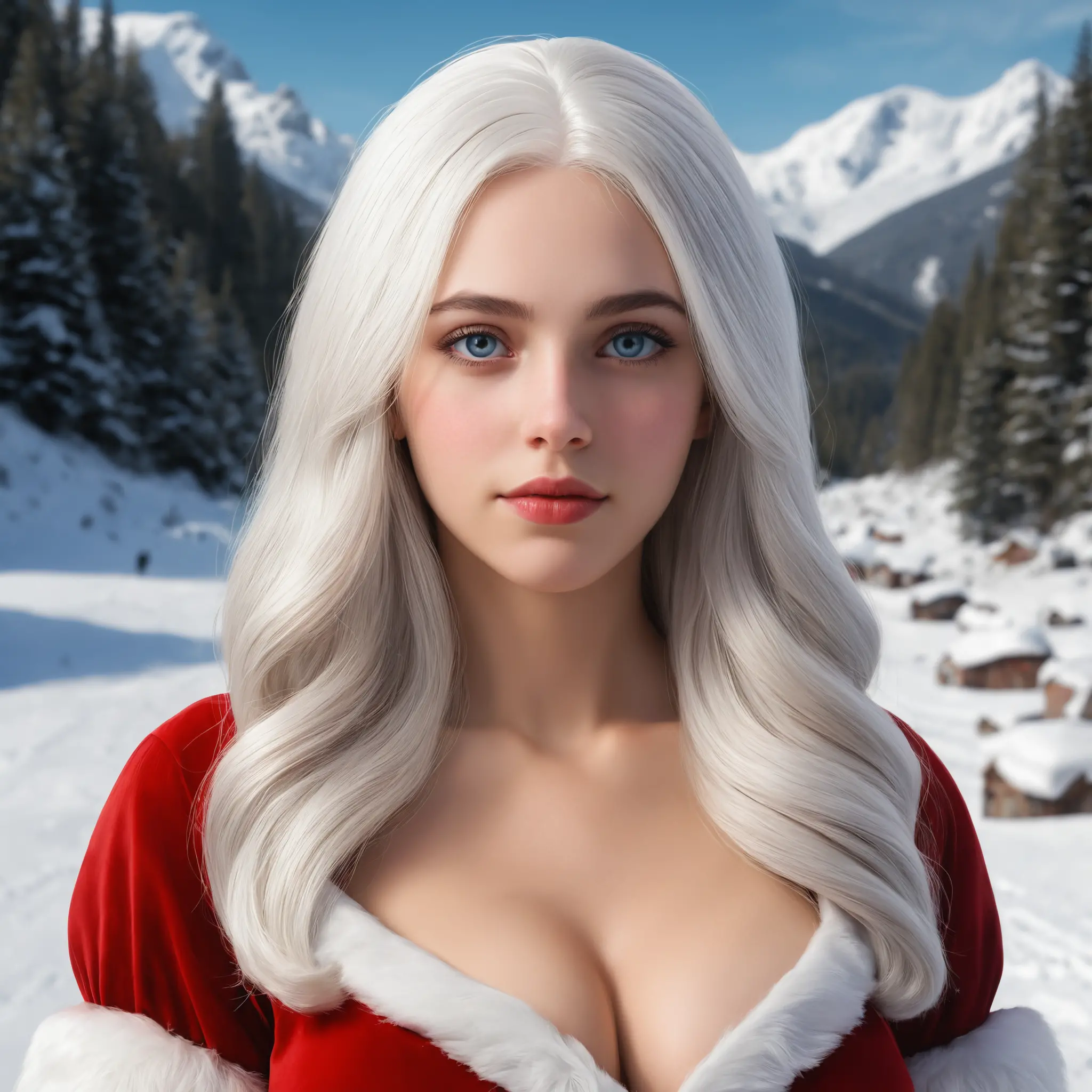 Young white haired santa girl walking in snow