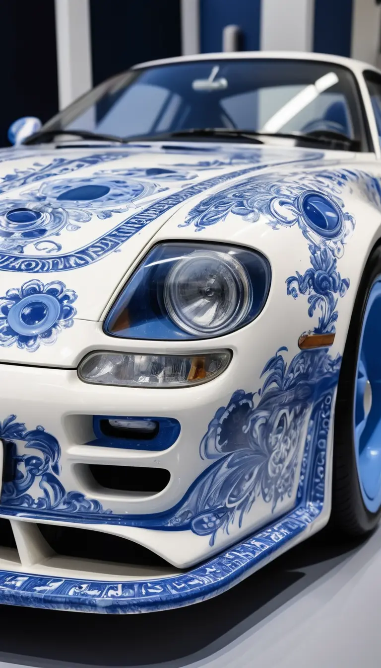 Retrofuturistic Sports Car With Blue And White Gzhel Style