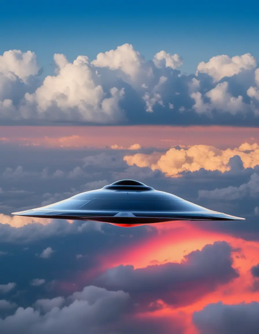 Silver flying saucer over blue sky at Cape Canaveral