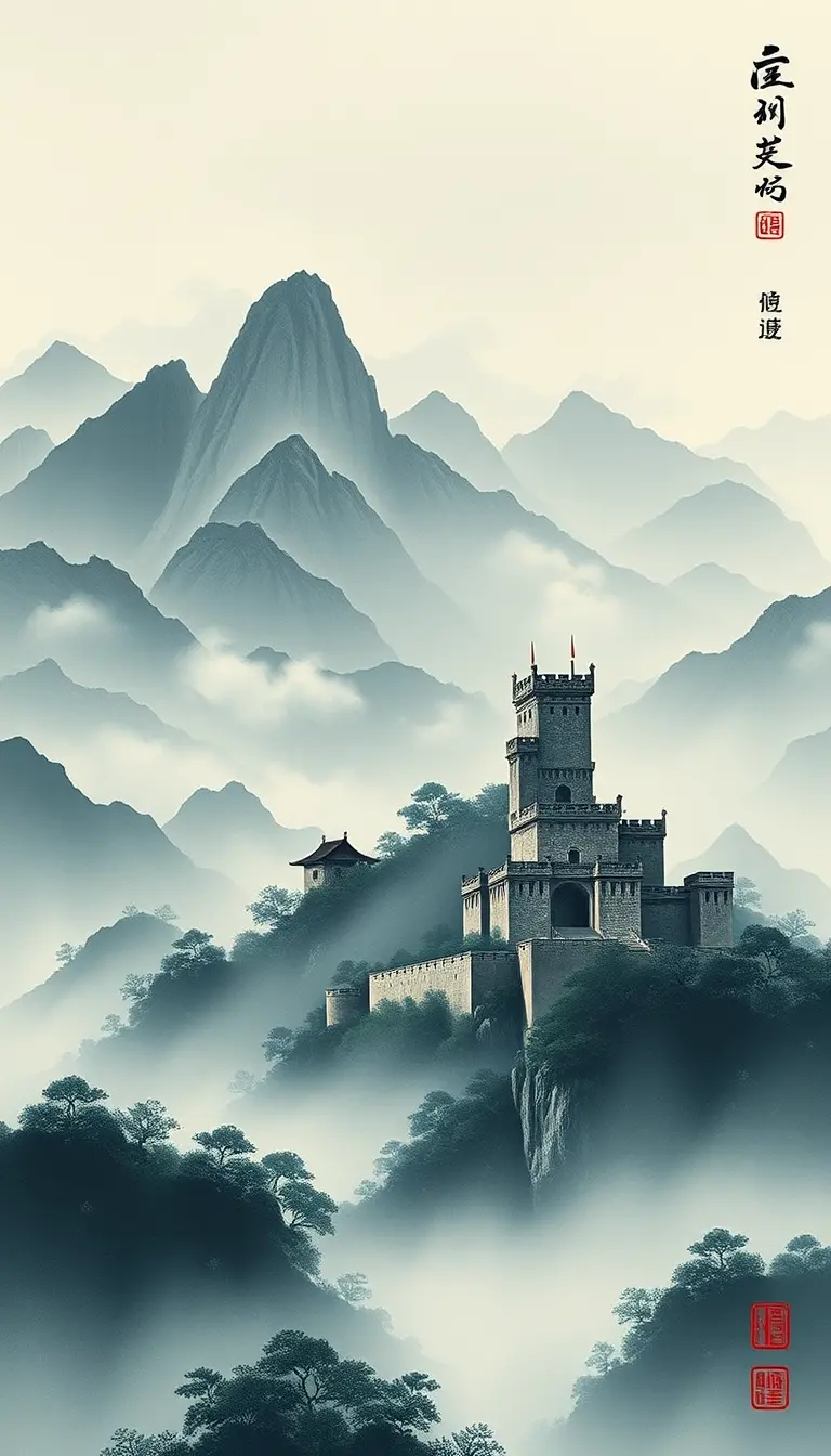 Mystical Chinese Mountain Landscape With Ancient Castle