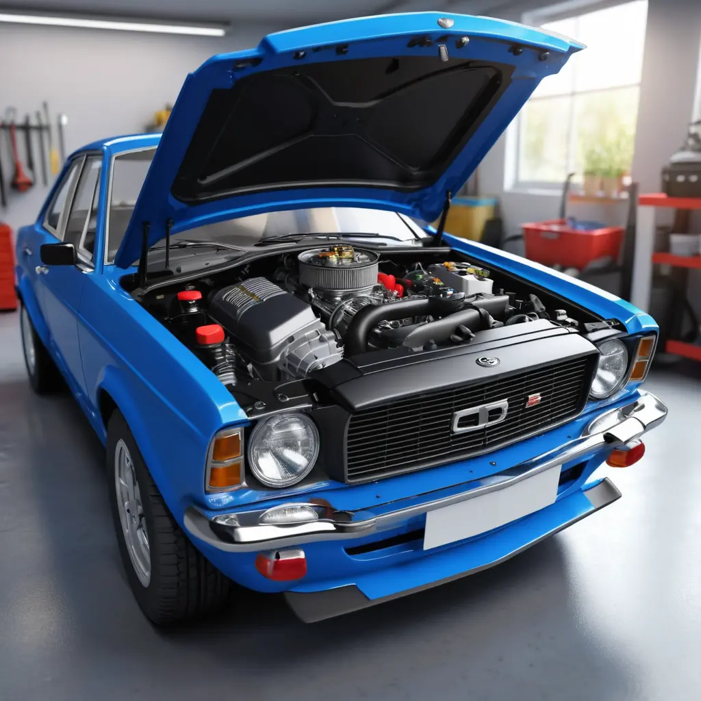 Auto fotorealistica con porte e cofano aperti in garage