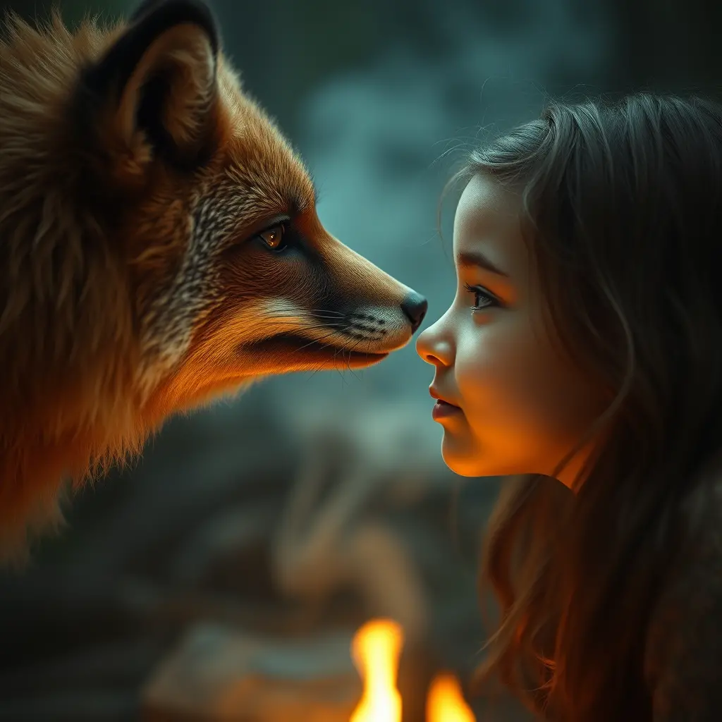 Girl And Fox In A Magical Firelit Forest Moment