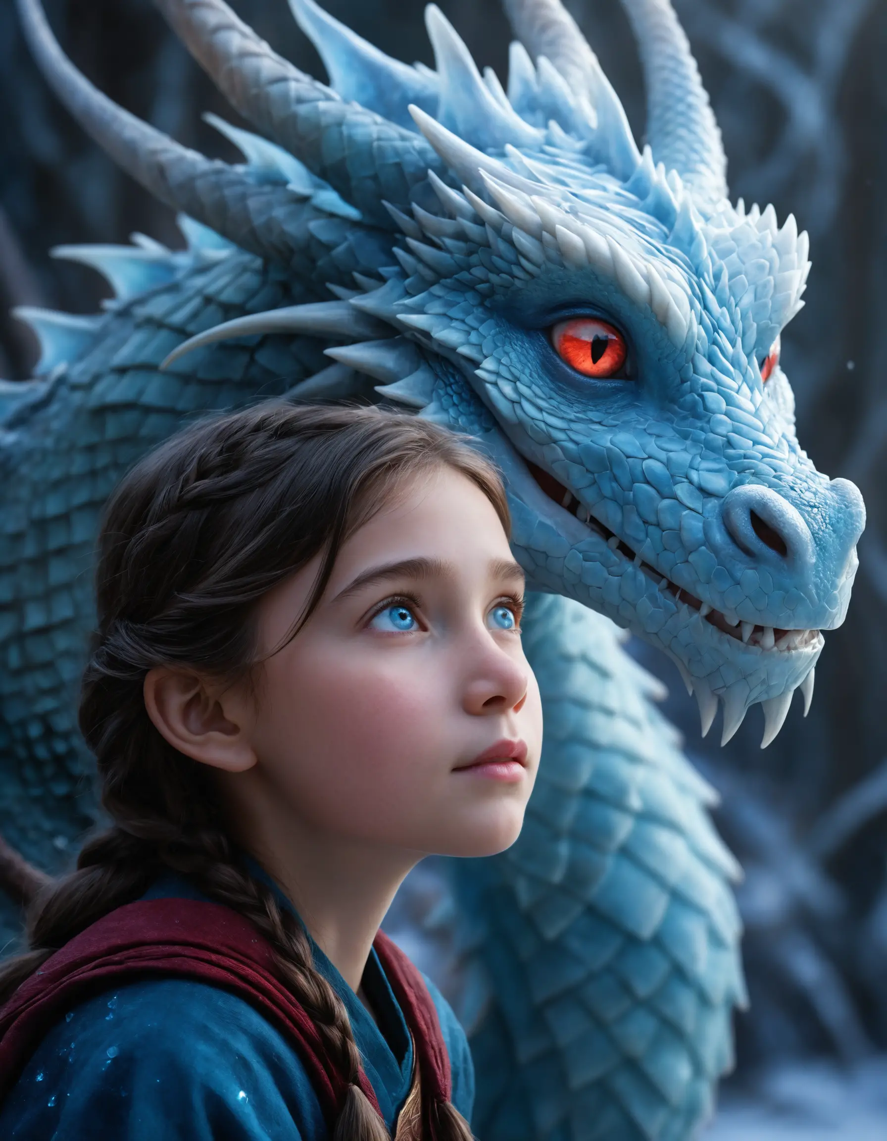 Girl and dragon sharing a close magical moment