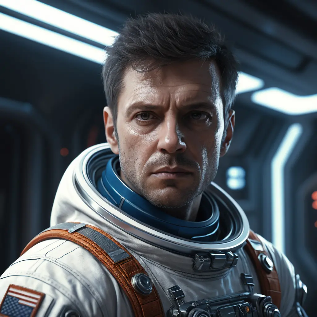 Determined man in a spacesuit sci fi cinematic portrait