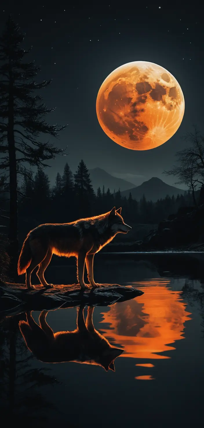 Wolf Silhouette Howling Against A Glowing Orange Moon