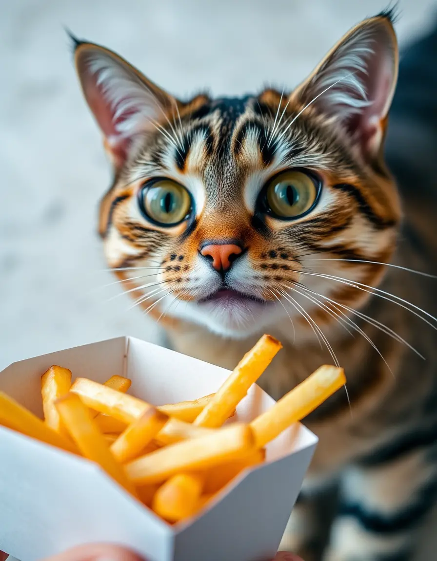 Tabby cat staring at tempting french fries close up