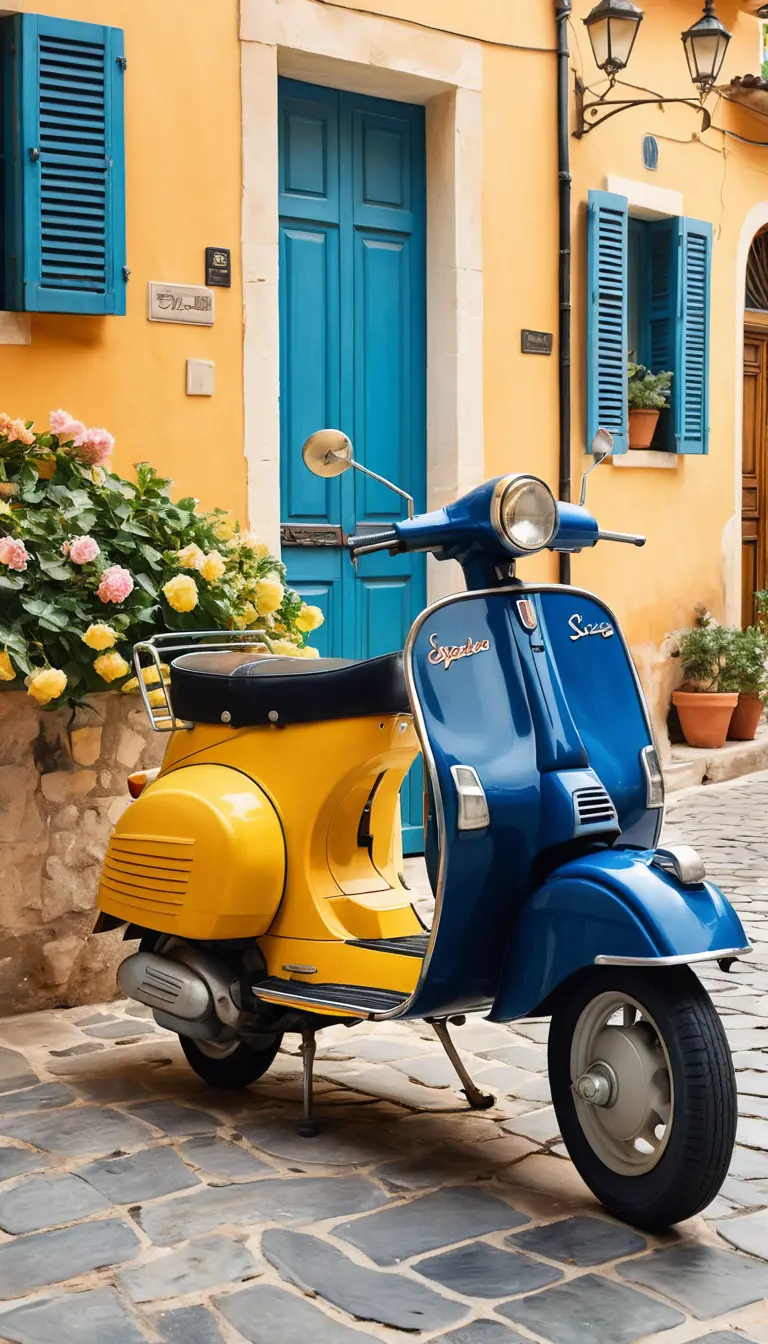 Vespas en acuarela junto a una villa mediterránea al atardecer