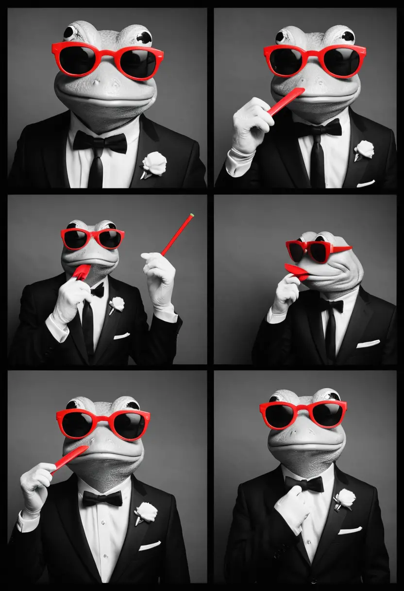Debonair cartoon frog in retro photobooth strip