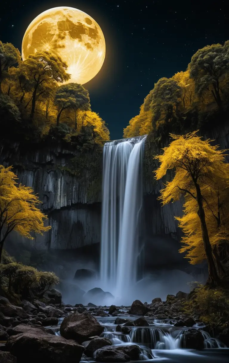 Surreal Moon Waterfall Illuminating A Dark Night Landscape