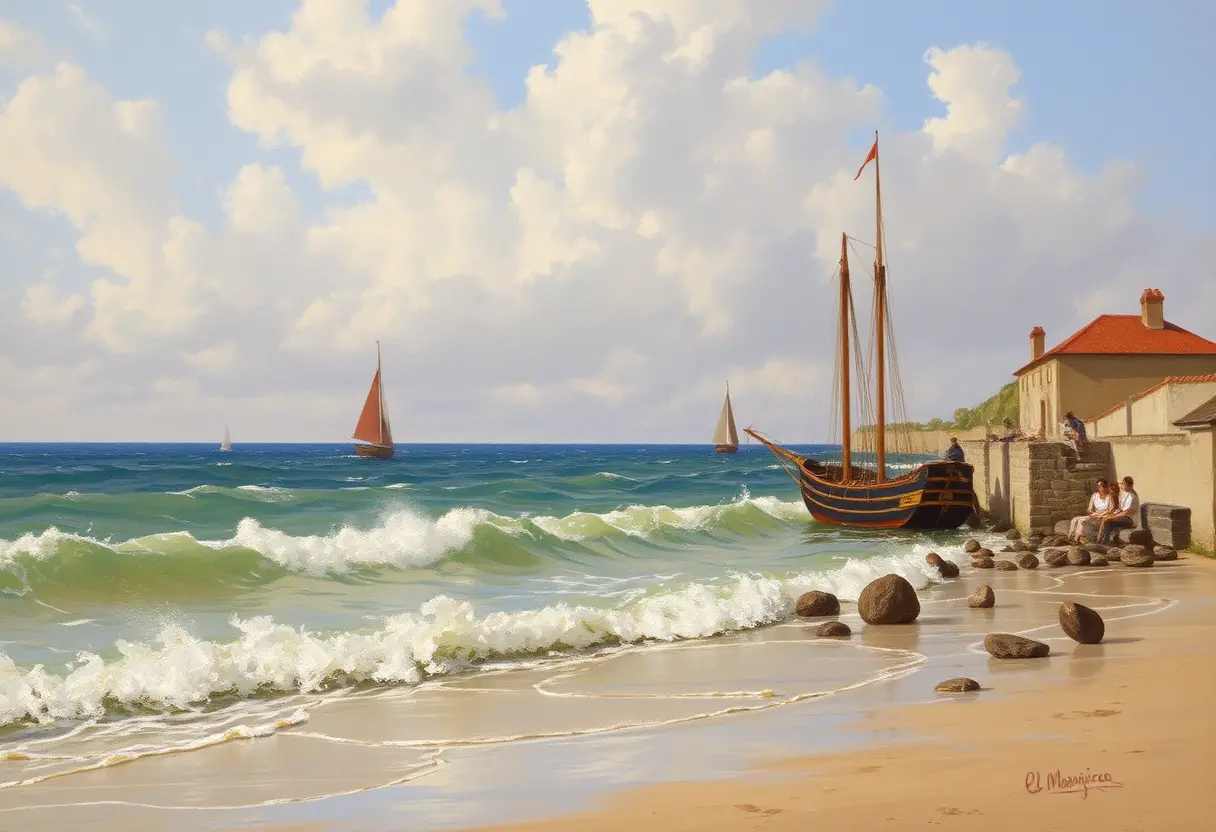 Nineteenth century seaside landscape in classic painting style