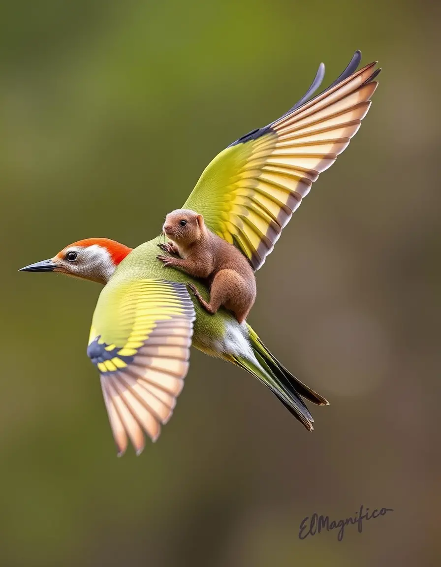 Weasel attacking green woodpecker in mid flight