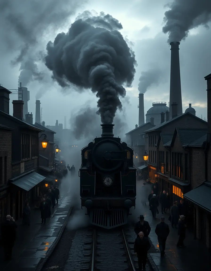 Steam train in a smoky victorian industrial cityscape